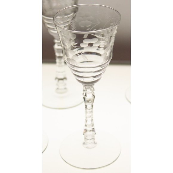 6 Rock Sharpe Halifax Crystal Wine Glass Floral Etched Cut Stem Spring Circa 40s - Picture 4 of 8